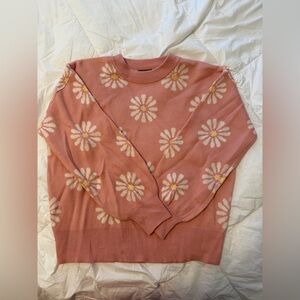 Cupcake Clothing Pink Daisy Knit Sweater | Floral Crewneck | Size Small